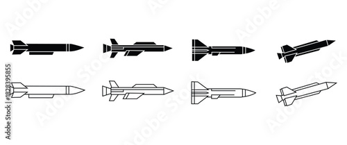 “Military Missile and Explosive Weapons Set – Guided Rockets, Ballistic Systems, and War Detonation Vector Icons”