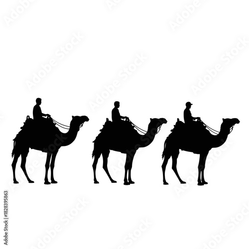 Three camel riders silhouette vector