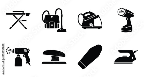 Selection of domestic appliance icons for household cleaning and pressing.