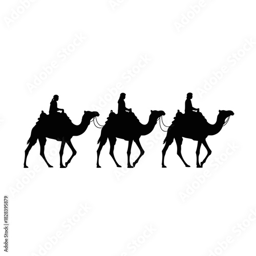 Three camels with riders silhouette