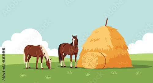 Graceful horses grazing peacefully by golden hay bales, evoking rustic charm and rural serenity for farm, equestrian, or nature themed designs