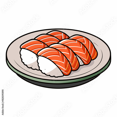 Plate of Salmon Sushi Ready for Eating on a White Table