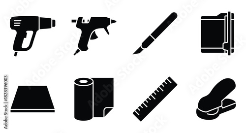 Collection of crafting equipment icons for design and creative projects.