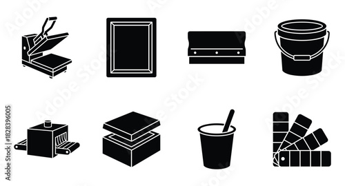 Screen Printing Supplies and Equipment Icons Vector Illustration Set