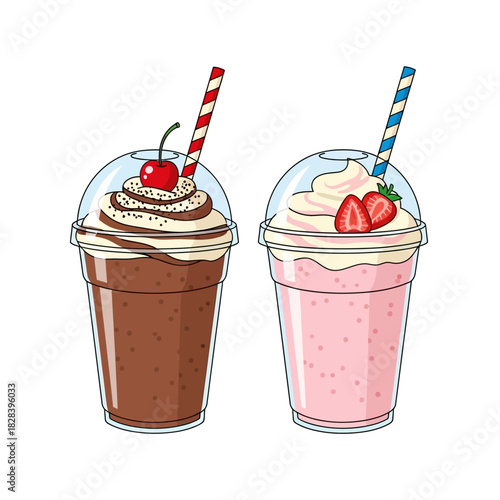 Chocolate and strawberry milkshakes vector illustration