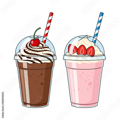 Chocolate and strawberry milkshakes vector