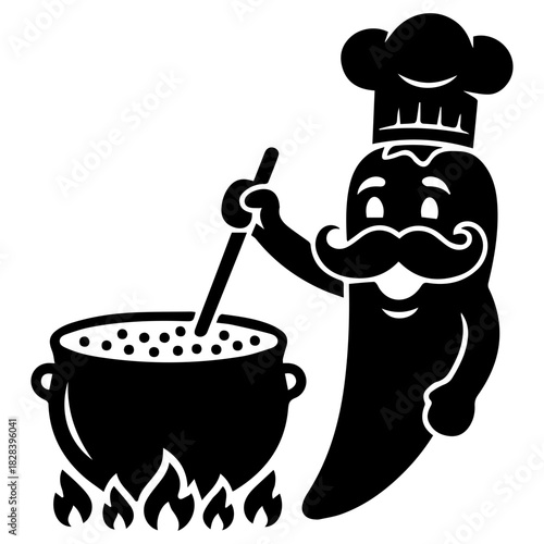 Stylized Chili Pepper Chef Mascot Stirring Cauldron Over Fire