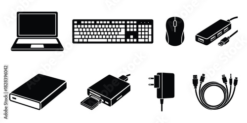 A collection of computer equipment: Keyboard, mouse, and laptop in vectors