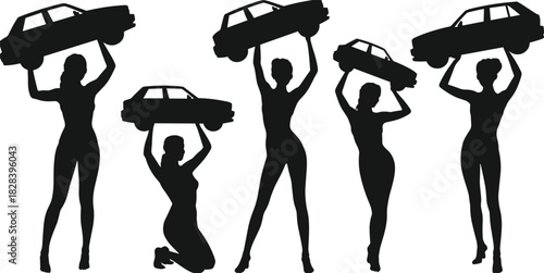 Vector collection of strong woman silhouettes lifting car, female superhero holding heavy vehicle, girl power concept, isolated illustration set.