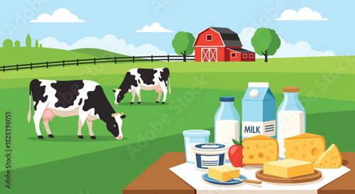 Delightful dairy farm scene featuring grazing cows, fresh milk, cheese, and butter on a table, perfect for food and agriculture themes