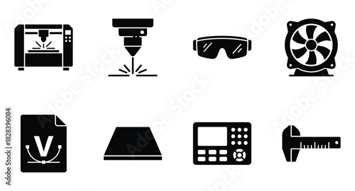 Black and white engineering icon set for manufacturing processes tech, DIY