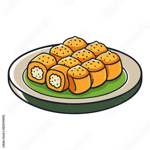 Plate of sushi rolls with sesame seeds ready for eating