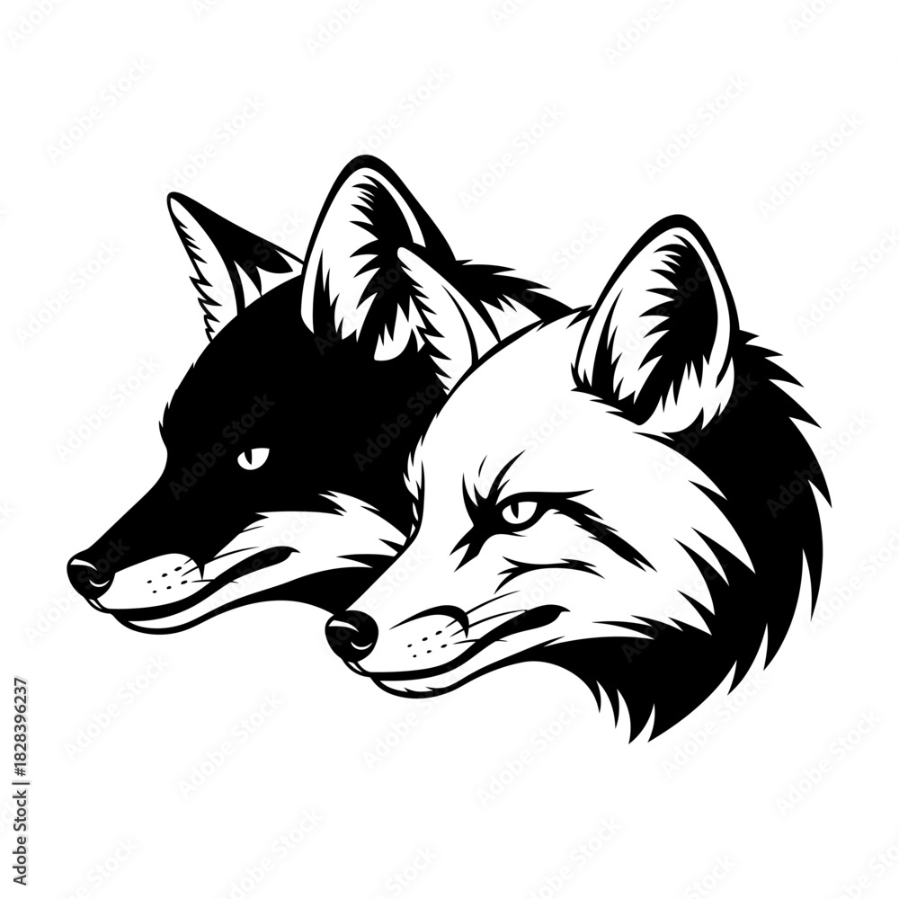 Naklejka premium Black and white fox heads vector