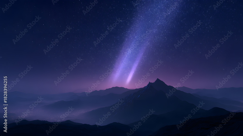 Fototapeta premium Cosmic Mountainscape: A breathtaking celestial display illuminates a majestic mountain range. Capturing the awe-inspiring beauty of the cosmos and the rugged majesty of the earth. 