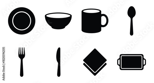 Black and white vector illustration of kitchenware and tableware set.