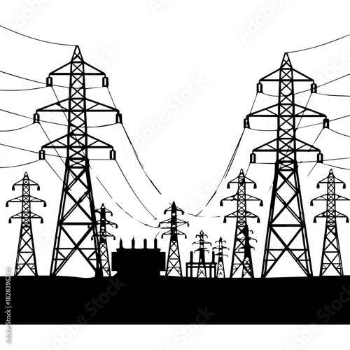Electric Power Substation and Transmission Towers Silhouette