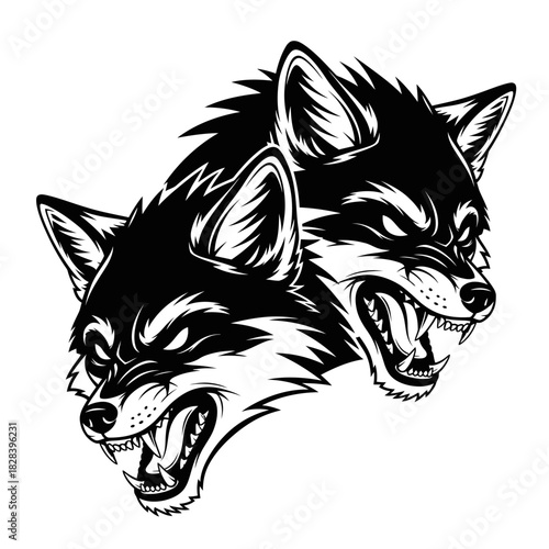 Two aggressive wolf heads vector illustration