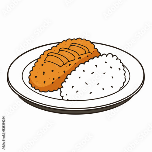 Plate of Tonkatsu Cutlet and Rice Illustration