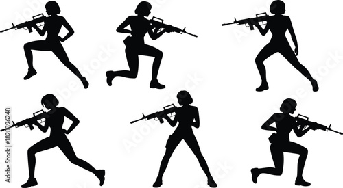 Vector set of female soldier silhouettes with assault rifle, woman warrior in combat poses, military army illustration, isolated on white background.