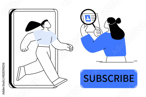 Subscription concept. Digital subscriptions with a character exiting a device and ID verification process. Subscription plans, data access, online memberships, digital media, user authentication