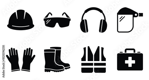 Collection of Occupational Safety Icons: Protection Equipment Pictograms Set.