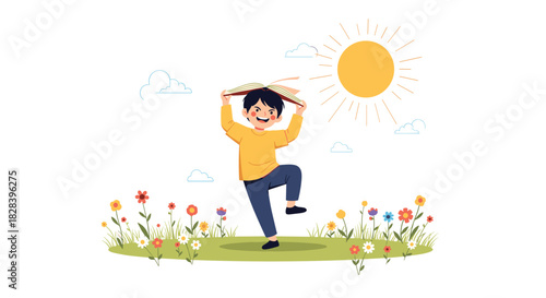 Cheerful boy balances a book on his head, dancing happily in a vibrant flower field under a bright sunny sky, perfect for back-to-school promotions