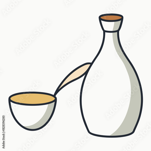 Sake bottle pouring into a cup in a minimalist vector design