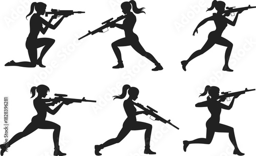 Vector set of female sniper silhouettes, woman soldier holding rifle, military combat poses, army girl aiming gun, isolated illustration collection.