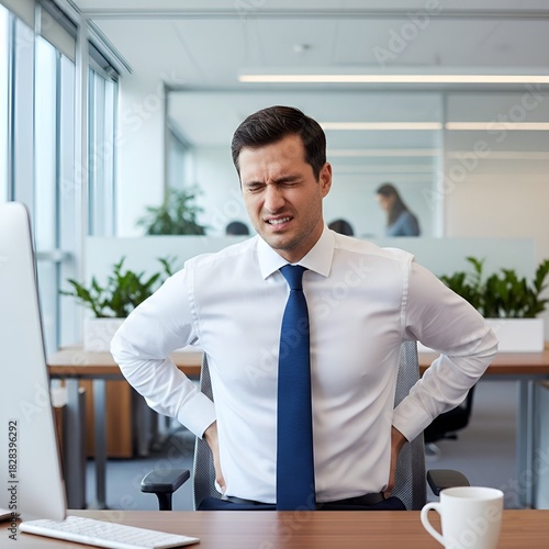 Male Office Employee Clutching Lower Back in Pain While Sitting at Desk in Modern Corporate Setting