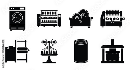 Industrial Machines: Black and White Vector Icons for Production Processes