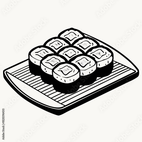 Sushi rolls on a plate in black and white