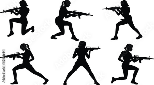 Vector collection of female soldier silhouettes holding rifle, woman army fighter aiming gun, military combat poses, isolated illustration set.
