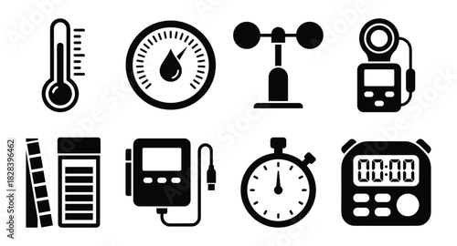 Measurement Tools Vector Set: Thermometer, Stopwatch, and More Precise Instruments