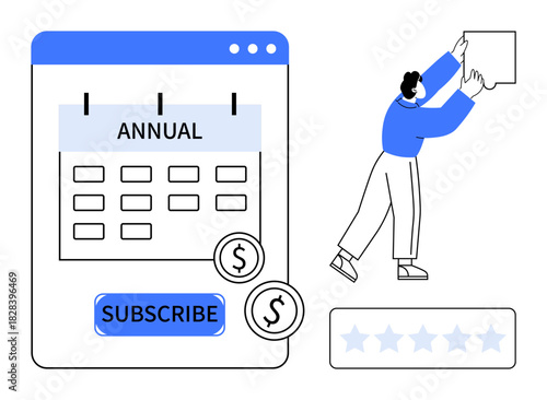 Subscription concept. Annual subscription calendar with interactive features and payment icons. Subscription services for e-commerce, online tools, apps, customer support, feedback systems