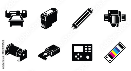 Silhouette collection of various equipment and machines icons for design.