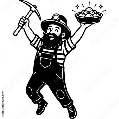 Happy Bearded Prospector Celebrating Gold Discovery with Pickaxe and Pan of Nuggets