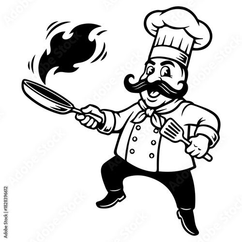 Energetic Chef Mascot with Mustache Tossing Food in Frying Pan with Flame