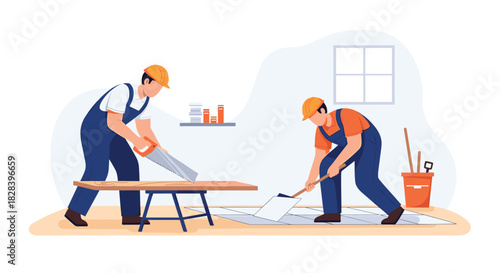 Skilled construction workers cutting wood and laying tile for home renovation project, professional home improvement and repair services for modern interiors