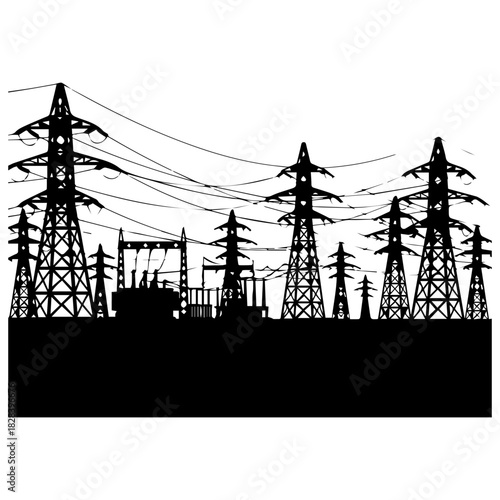 Electric Power Substation and Transmission Towers Silhouette