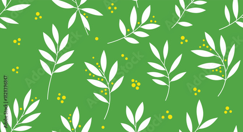 Vibrant botanical pattern with white leaves and yellow accents on a lively green background creates a refreshing, modern aesthetic for your project