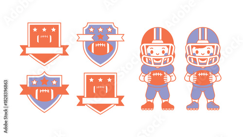 American Football Cartoon Badges and Players in Orange and Blue Super Bowl Sunday Theme