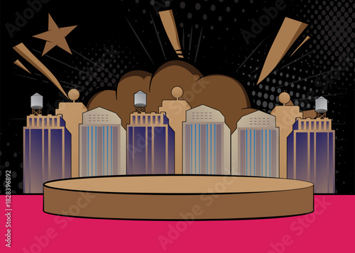 Comic Book Product podium stage for mockup presentation with Skyscraper. Retro comics background.