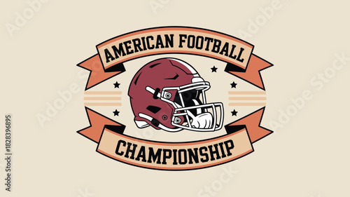 American Football Championship Illustration Featuring Helmet, Ribbons, Stars, and Simple Design Elements on Beige Background