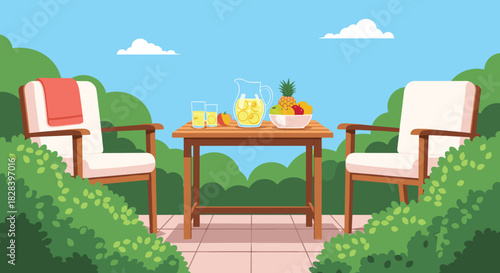 Tranquil outdoor scene with refreshing drinks, summer fruit, and relaxing chairs on the patio for vacation vibes and serene moments