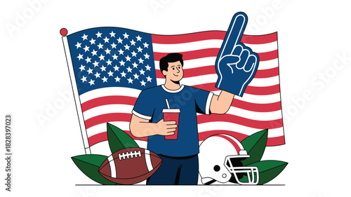 American Football Fan with USA Flag, Foam Finger, Helmet, and Drink Celebrating Super Bowl Sunday