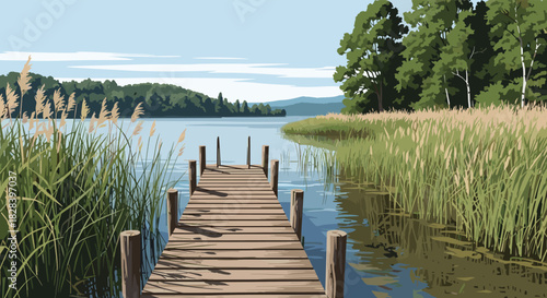 Escape to serenity with this captivating lake scene, featuring a rustic dock and lush reeds, perfect for peaceful moments and idyllic getaways