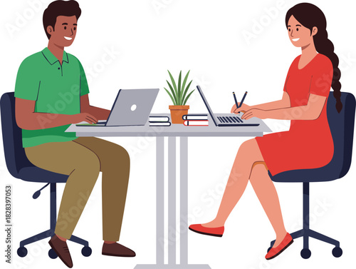 Cartoon office colleagues collaborating, man in green shirt and woman in red dress using laptops at table, teamwork communication illustration design