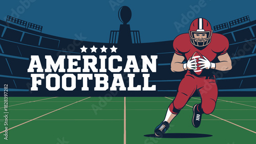 American Football Illustration with Running Back, Stadium, and Super Bowl Sunday Elements Depicted