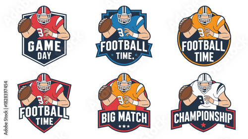 American Football Player Logos with Game Day, Football Time, Big Match, and Championship Text