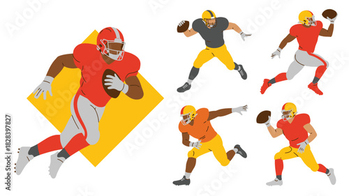 American Football Players in Action Poses Running, Catching, and Throwing the Ball on White Background
